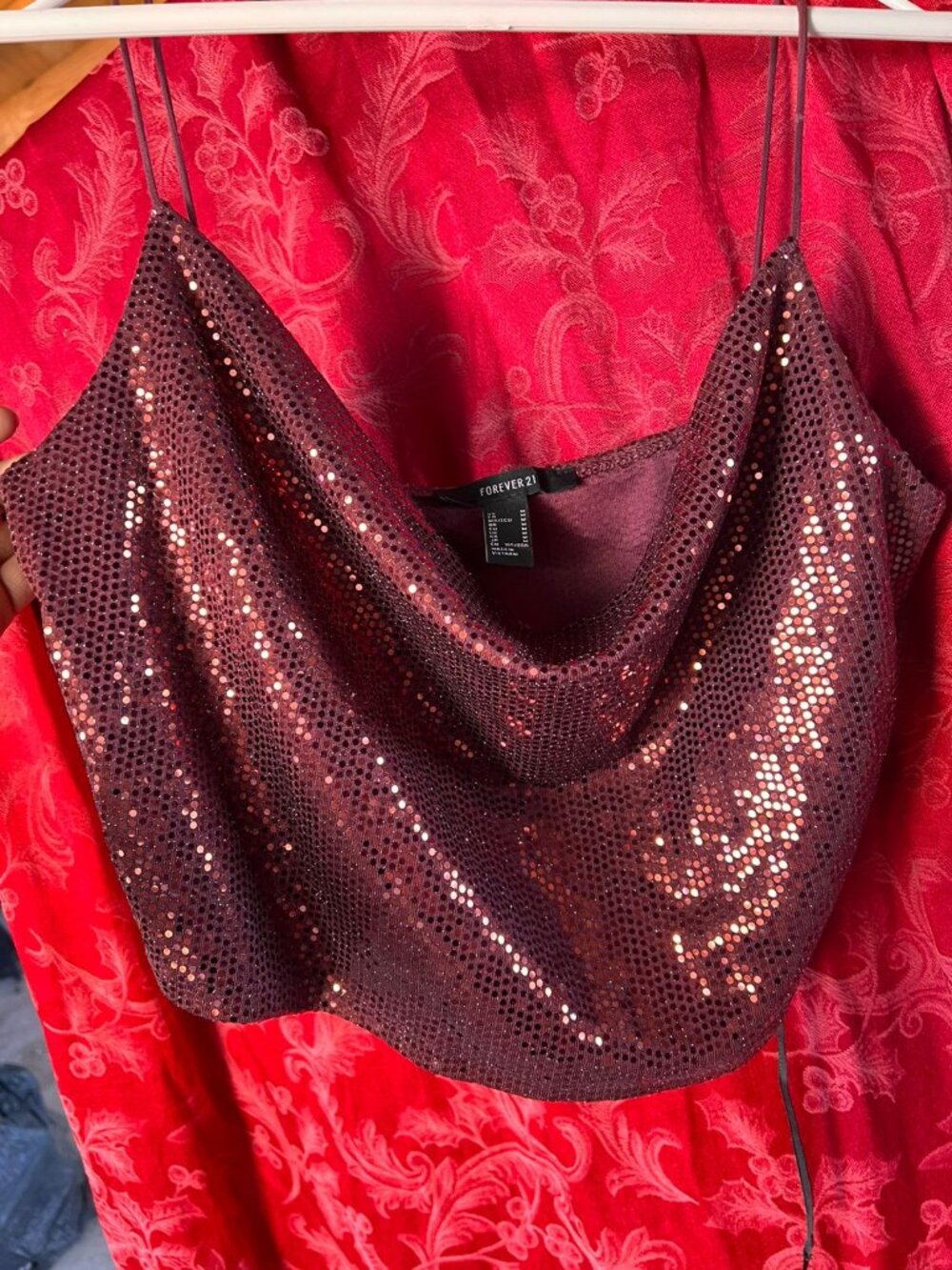 FOREVER 21 Burgundy Sequin Cowl Neck Crop Top